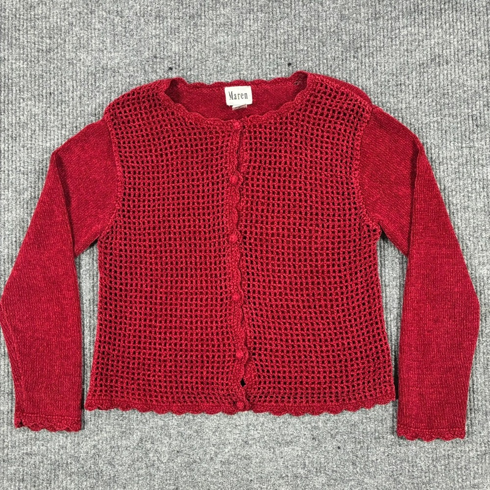 Vintage Maren Silk Blend Crochet Knit Cardigan Womens L Red Button Front Sweater
